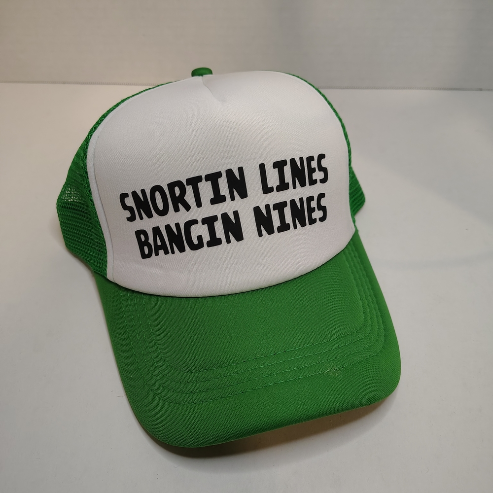 Green Mesh Trucker Snapback Hat – “Snortin Lines Bangin Nines” Graphic – Brand ,